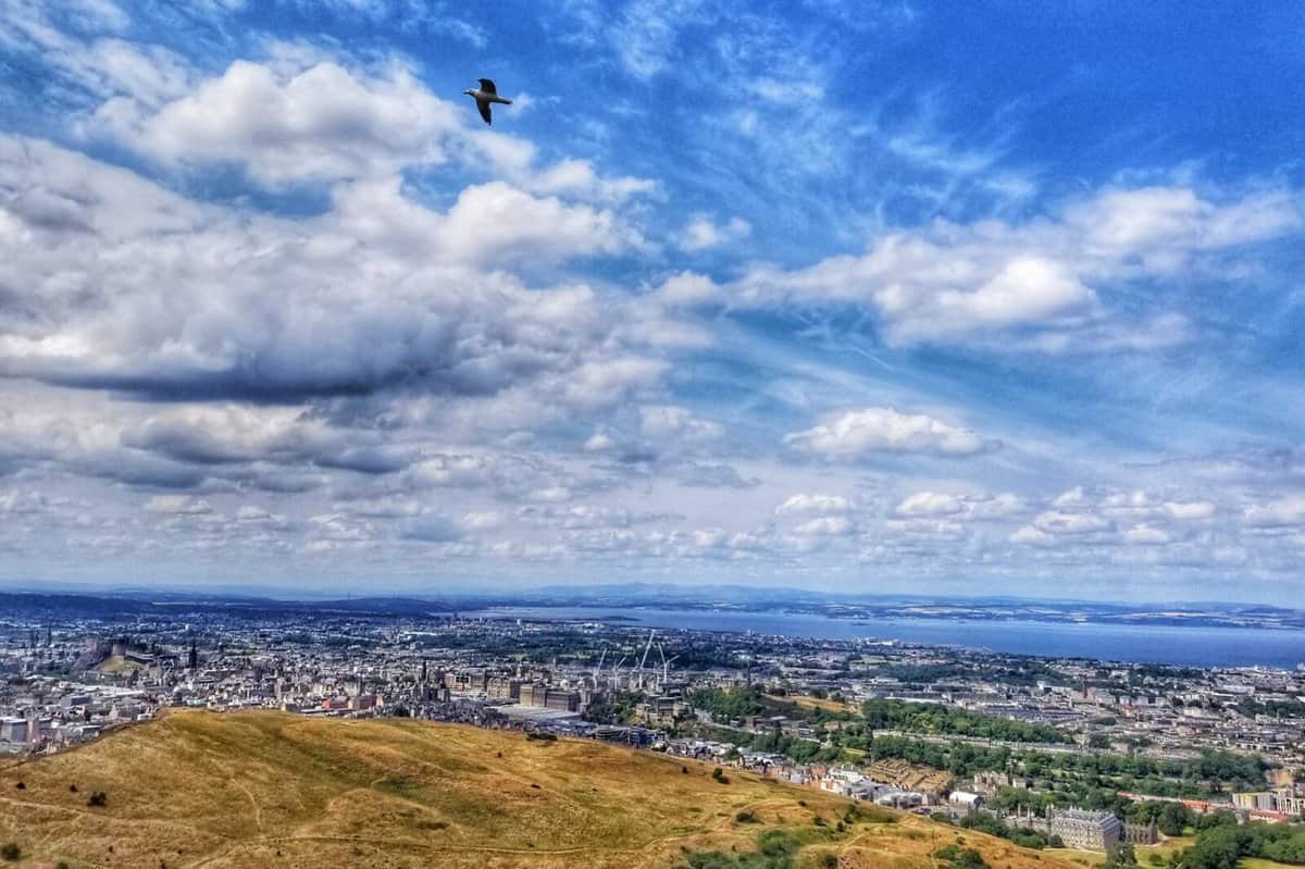 Aerial view of Edinburgh from Arthur's Seat, featuring extensive cityscape, blue skies with scattered clouds, and a bird soaring in the sky.