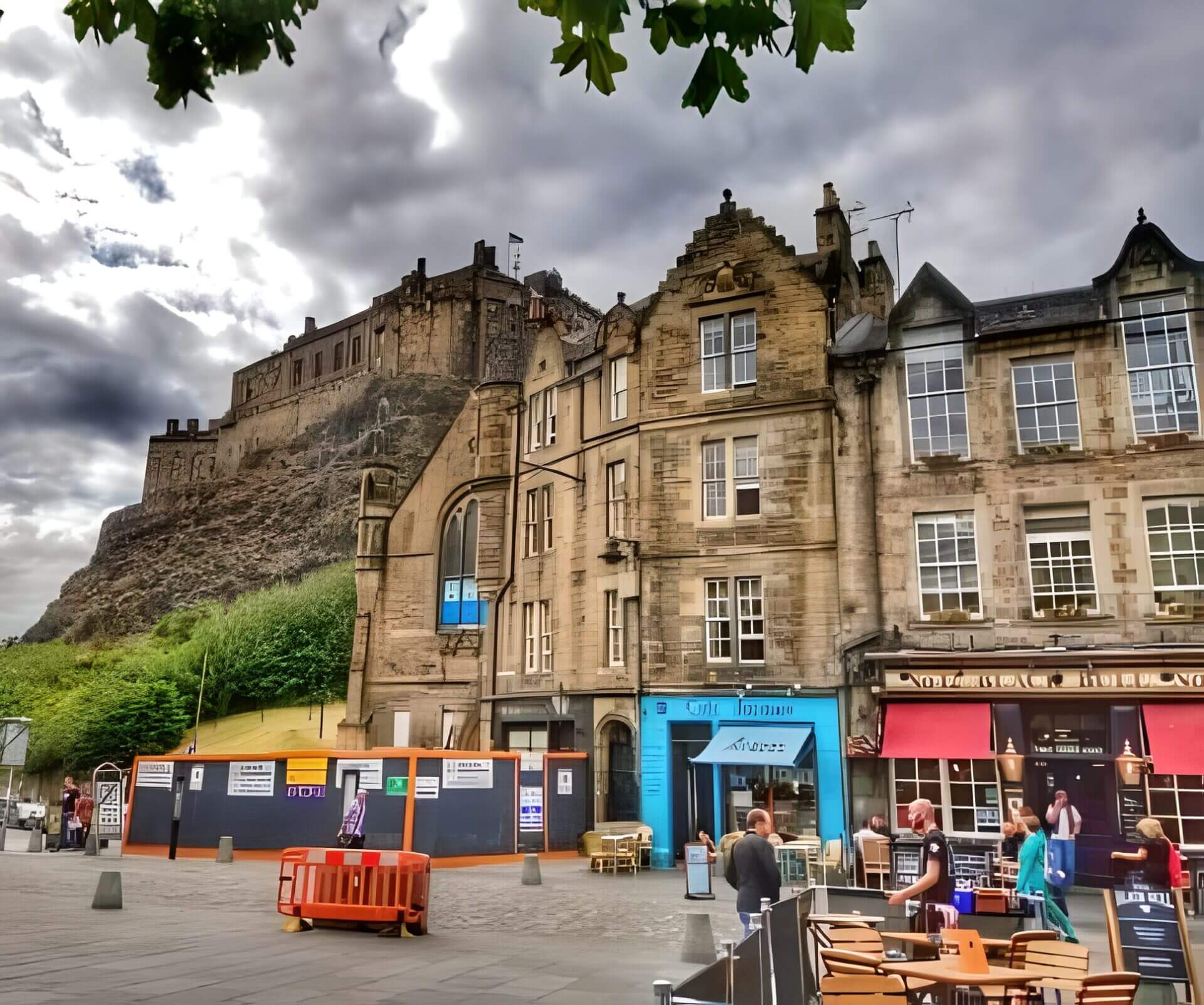 View of historic buildings and Edinburgh Castle from Grassmarket, Edinburgh, Scotland.
