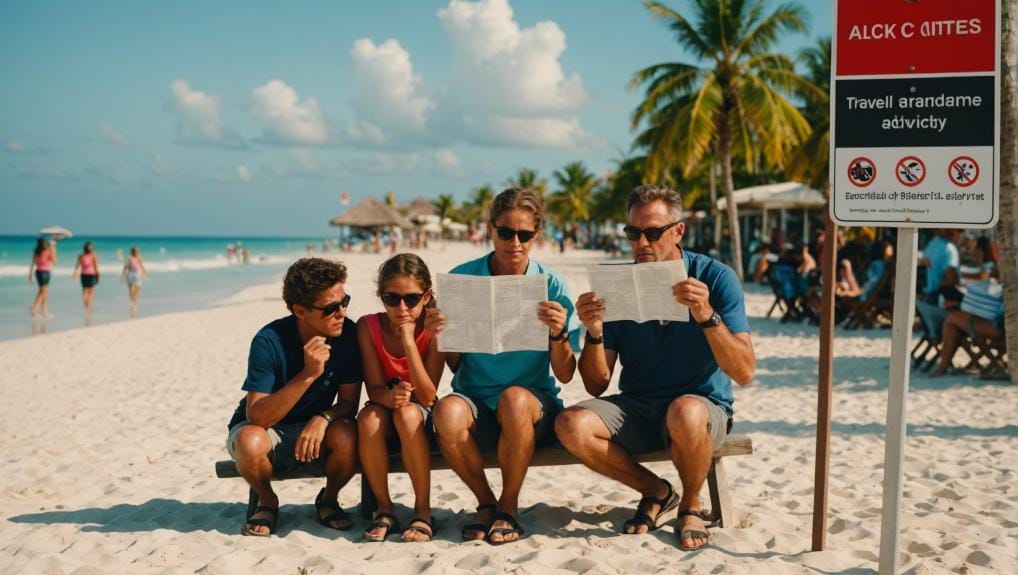 Four tourists sitting and reading a map by a beach at Playa del Carmen, Riviera Maya, with a clear blue sky and palm trees in the background.