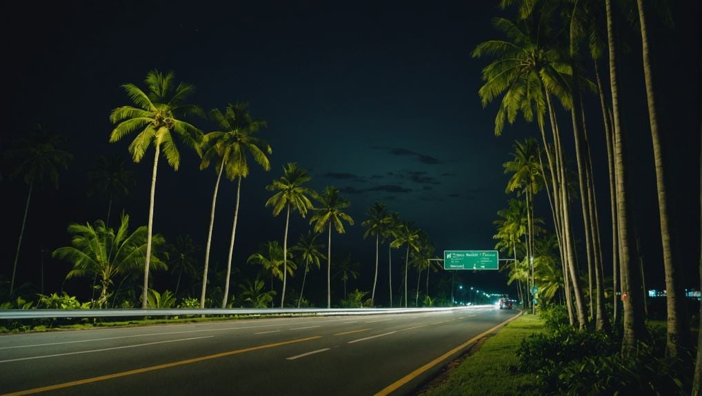 Nighttime view of a road lined with tall palm trees and a street sign in Playa del Carmen, Riviera Maya, Quintana Roo, Mexico.