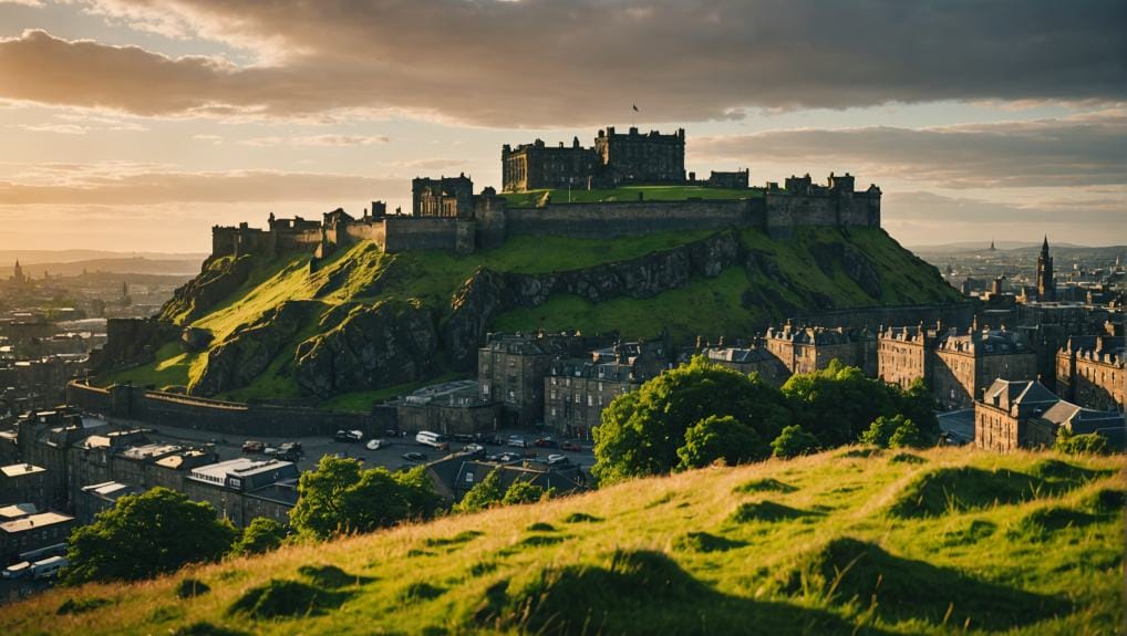A panoramic view of Edinburgh Castle illuminated by the golden hues of a setting sun. The historic fortress stands majestically atop Castle Rock, overlooking the city of Edinburgh, Scotland.
