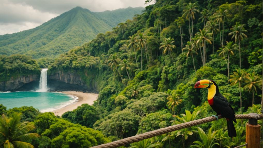 A colorful toucan perched on a rope with a stunning view of a tropical waterfall and beach surrounded by lush greenery in Costa Rica.